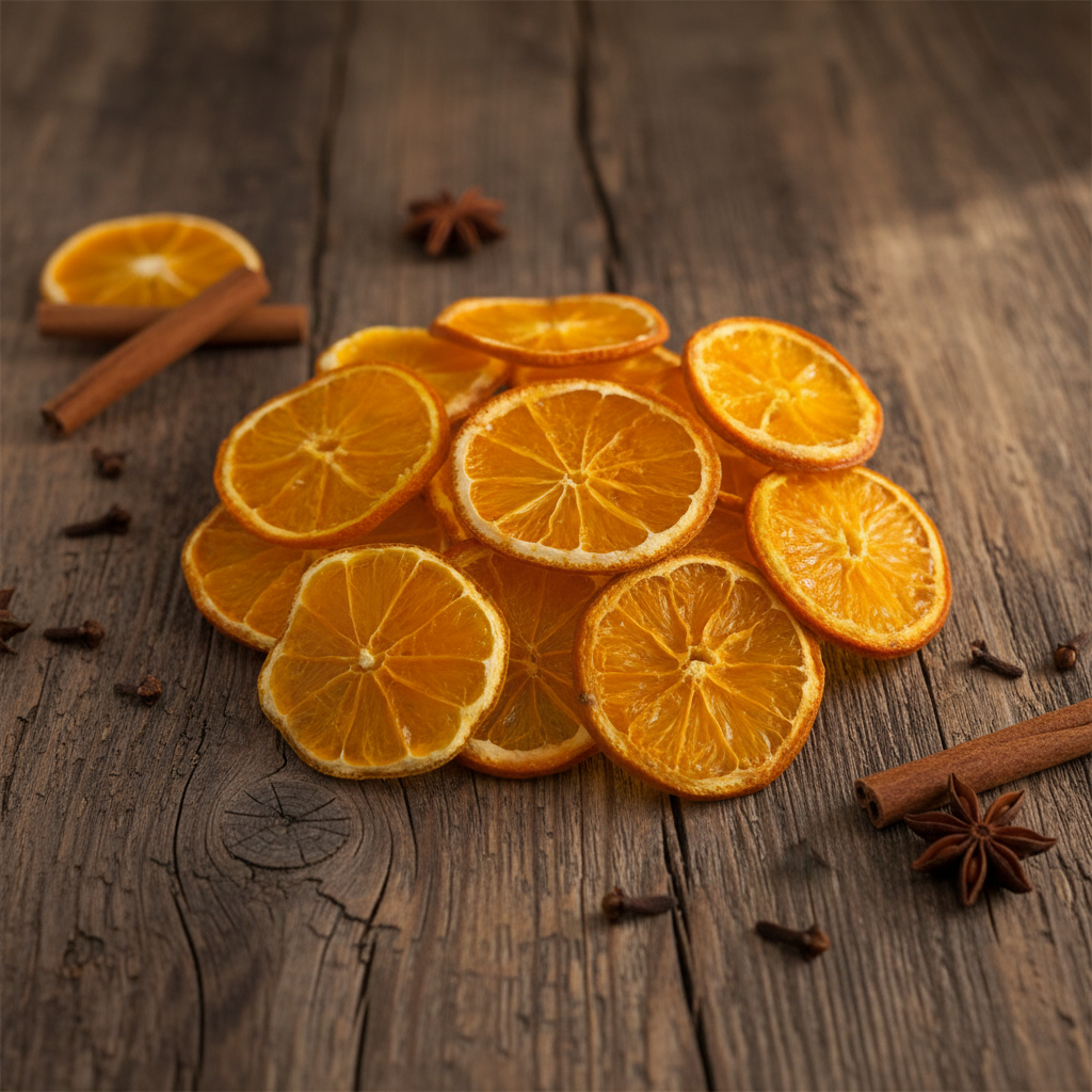 Fatias de laranja desidratada sobre fundo rústico de madeira