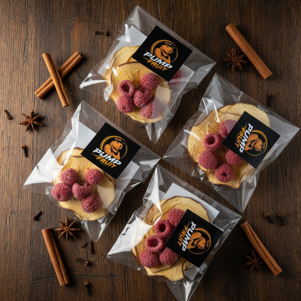 Mini Kit Maçã e Framboesa Desidratada - embalagem Pump Fruit em madeira rústica com especiarias